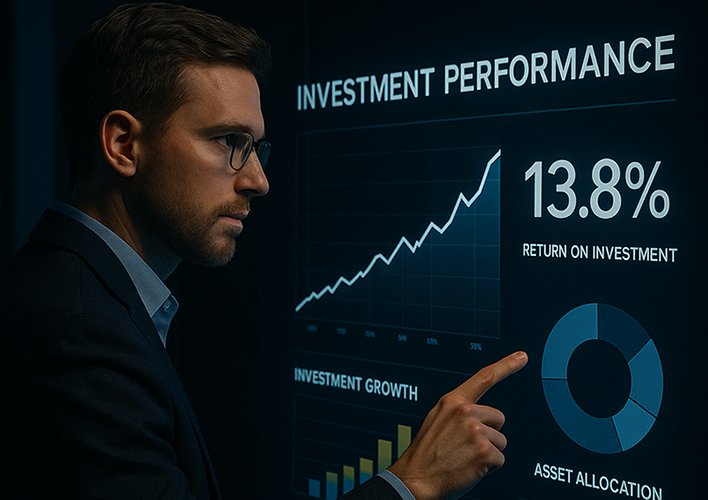 Professional Investor Reviewing Growth Charts and ROI Data on Transparent Digital Display